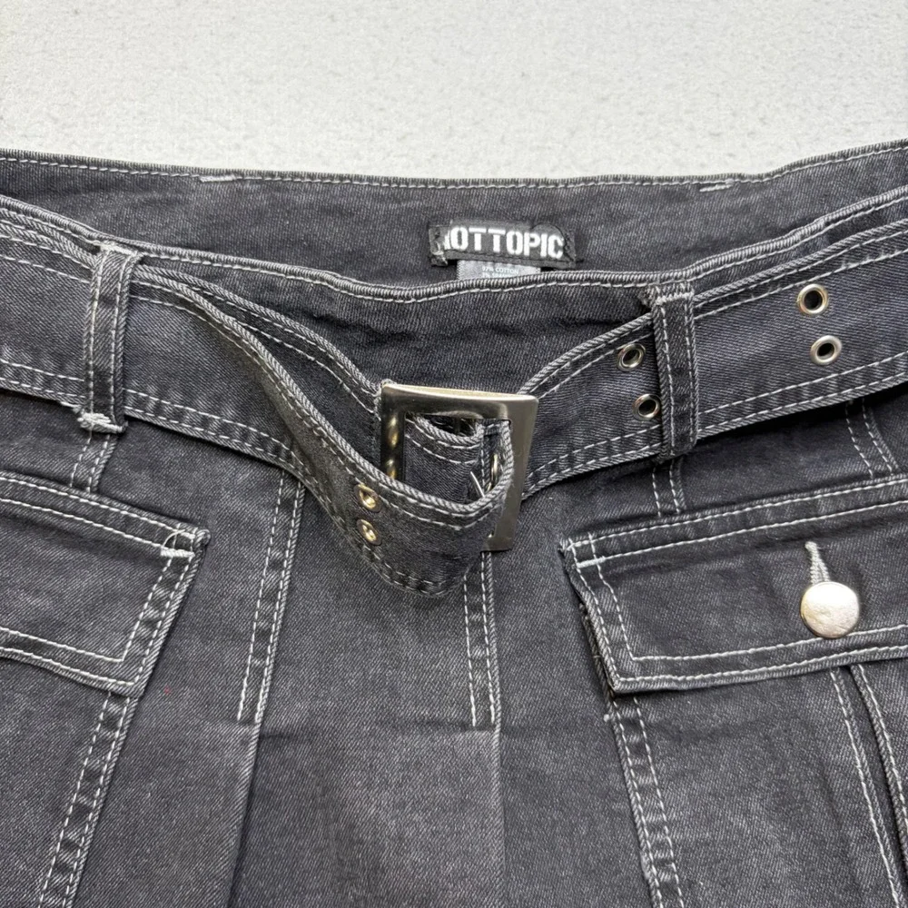 Hot Topic Mini Skirt Womens LG Black Denim Belted Pleated Y2K Contrast Stitch